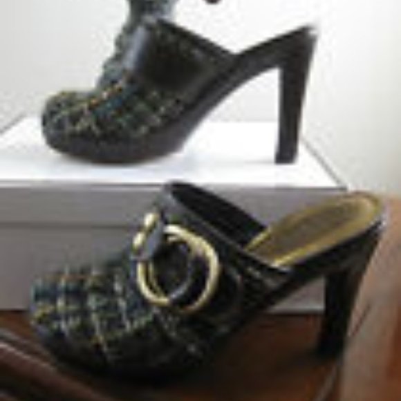 COACH PRE-OWNED CLAUDE BOUCLE TWEED LEATHER MULE SLIDE HIGH HEEL GREEN 7 - Picture 3 of 10